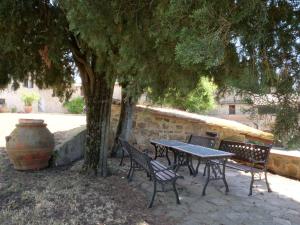 een picknicktafel en banken onder een boom bij Apartment La Torre by Interhome in Podere Caminino