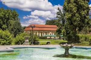 a building with a fountain in the middle of a pool at Vila Rozalia Garden Gate in Avrig