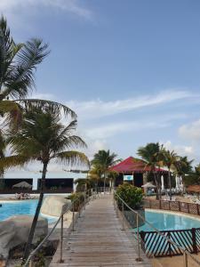 a wooden walkway next to a swimming pool with palm trees at Le Petit Manganao in Saint-François