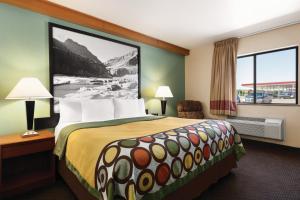 a hotel room with a bed and two windows at Super 8 by Wyndham Columbus in Columbus