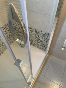 a shower with a glass door next to a toilet at HOTEL SOLARIS in Casalbordino