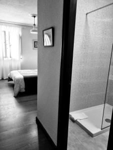 a bathroom with a shower and a bedroom with a bed at Hostería El Cruce in Cabezón de la Sal