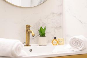 a bathroom sink with a gold faucet and a mirror at Hôtel Flor in Saint-Florent