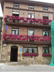 un edificio de ladrillo con muchas flores rosas en los balcones en Pensión Rosa en Cabezón de la Sal