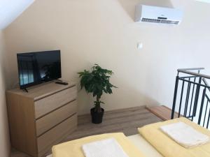a living room with a tv on a dresser at Castellum Apartmanház in Gyula