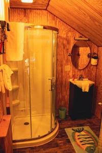 a bathroom with a shower and a sink at Country Road Cabins in Hico