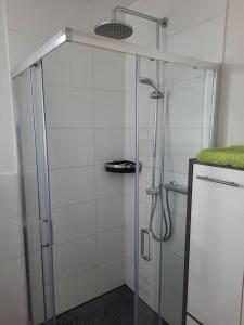 a shower with a glass door in a bathroom at Zettler`s Ferienwohnung in Aichstetten