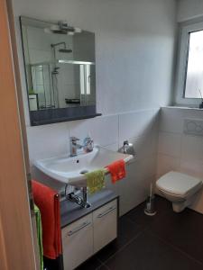 a bathroom with a sink and a toilet and a mirror at Zettler`s Ferienwohnung in Aichstetten