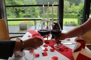 dos personas sosteniendo copas de vino tinto en una mesa en Hotel Rennsteig en Masserberg