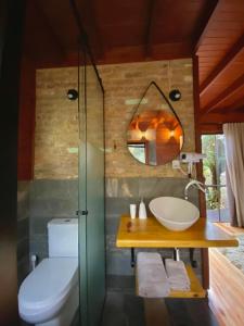 a bathroom with a sink and a toilet and a mirror at Bangalô dos Alpes de São Chico in São Francisco de Paula