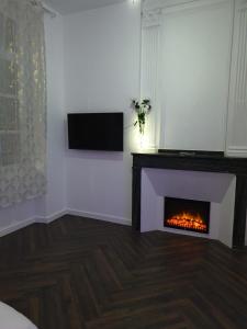 sala de estar con chimenea y TV en Suite Miro Charme et volupté en Perpiñán