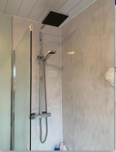 a shower with a glass door in a bathroom at Grangemouth Apartments in Falkirk