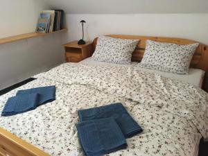 Una cama con dos almohadas azules encima. en Iris Vendégház en Tihany