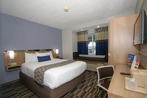 グリーンズボロにあるMicrotel Inn by Wyndham Greensboroの大きなベッドとデスクが備わるホテルルームです。