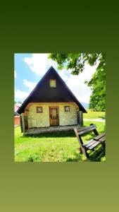 une petite maison avec un toit noir et une table de pique-nique dans l'établissement Apartman A&A, à Žabljak