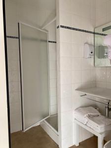 a white bathroom with a shower and a sink at L'Escasse in Lit-et-Mixe