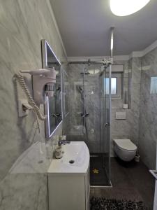 łazienka z prysznicem, umywalką i toaletą w obiekcie Apartments Ivana w mieście Sveti Filip i Jakov +92 zdjęcia