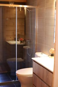 a bathroom with a toilet and a shower and a sink at Casinha do Canto in Góis