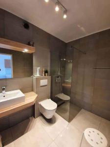 y baño con aseo, lavabo y ducha. en Apartment in Silo with Two-Bedrooms 10, en Šilo