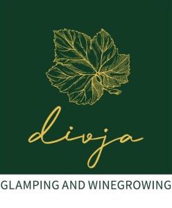 a gold logo with a flower on a green background at Boutique Glamping Divja DiVine in Zgornja Korena