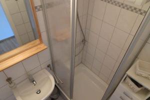 a bathroom with a shower and a toilet and a sink at Wendtorf Apartment 2 in Wendtorf