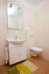 a bathroom with a sink and a toilet and a mirror at Apartment Vrbnik 6 in Vrbnik