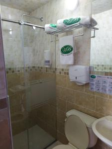 a bathroom with a shower and a toilet and a sink at HOTEL LOS BALCONES in Bogotá