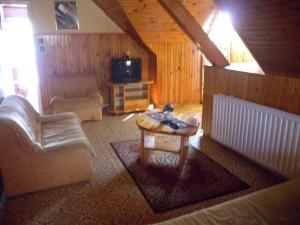 a living room with a couch and a tv at Holiday home in Badacsonytomaj 20247 in Badacsonytomaj