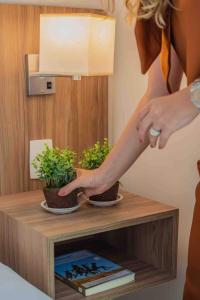 a woman reaching into a wooden shelf with two potted plants at Flat Completo para uma estadia perfeita NOTA FISCAL in Campos dos Goytacazes