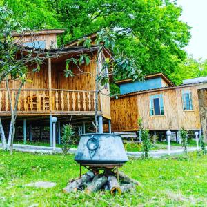 a house with a stove sitting in the grass at Xanbulan İstirahət Mərkəzi in Lankaran