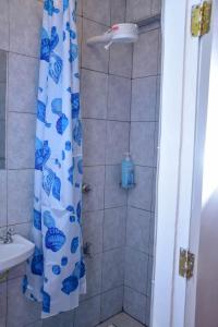 a bathroom with a shower with a blue and white shower curtain at Maven Sparkles Furnished Apartments in Kiambu