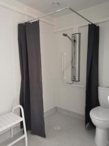 La salle de bains est pourvue d'un rideau de douche et de toilettes. dans l'établissement ACS, à Bagnols