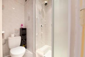 a white bathroom with a shower and a toilet at Fully equipped appartment 105 m2 clear view on the sea and californie hills in Cannes +11 photos
