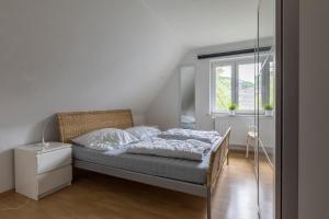sypialnia z łóżkiem i oknem w obiekcie Ferienhäuser Bergfreiheit w mieście Winterberg
