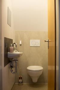 a bathroom with a toilet and a sink at Haus Pia - Monteur Haus in Bubesheim
