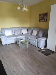 ein Wohnzimmer mit einem Sofa und einem Tisch in der Unterkunft apartmánový byt v centre Banskej Bystrice in Banská Bystrica