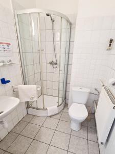 W łazience znajduje się prysznic, toaleta i umywalka. w obiekcie CKS Wrocław - Centrum Konferencyjno-Szkoleniowe CS Natura Tour we Wrocławiu