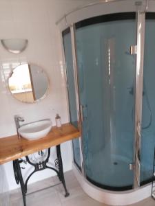 ein Badezimmer mit Dusche, Waschbecken und Spiegel in der Unterkunft Łemkowo Pokoje gościnne domek nr 2 in Lutowiska