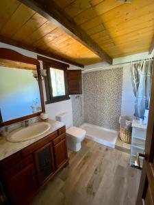 ein Badezimmer mit einem Waschbecken, einem WC und einer Badewanne in der Unterkunft Las Palmeras Temisas in Temisas