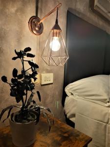 a lamp and a potted plant on a table in a bedroom at Hotel Victoria in Florence