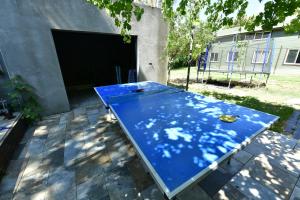 - une table de ping-pong bleue devant un garage dans l'établissement Tzlil Hateva, à H̱osen