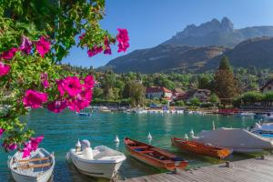 a group of boats on a lake with pink flowers at LPA in Annecy