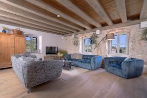 sala de estar con 2 sofás azules y TV en Villa Zanino, en Veliko Grablje