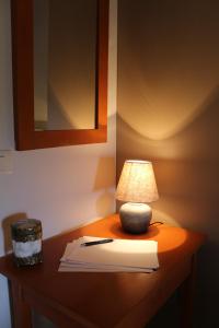 a table with a lamp and a book on it at Villa Zanino in Veliko Grablje