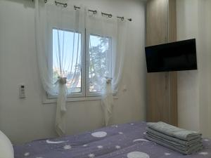 een slaapkamer met een bed en een raam bij Beautiful Pedestrian in Athene