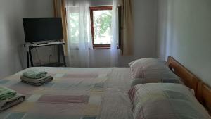 1 dormitorio con 1 cama con 2 almohadas y TV en Guest house Sara, en Rijeka