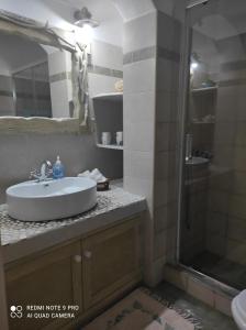 a bathroom with a sink and a shower at Lampi's House in Patmos