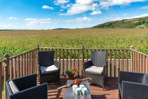 a deck with chairs and a table and a field at Bryntowy in Kidwelly