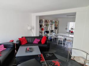 a living room with a black couch and red pillows at Ferienhaus Rosengarten in Selb