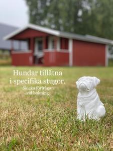 a white dog sitting in the grass in front of a house at Mjällbyhus Pensionat & Stugby in Sölvesborg